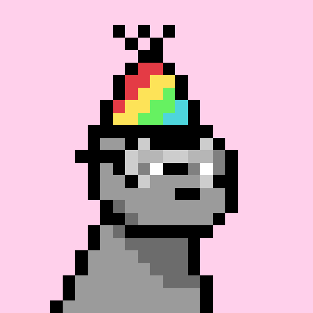 Doginal Dog #4628 with pink background, gray fur, birthday hat, and round glasses